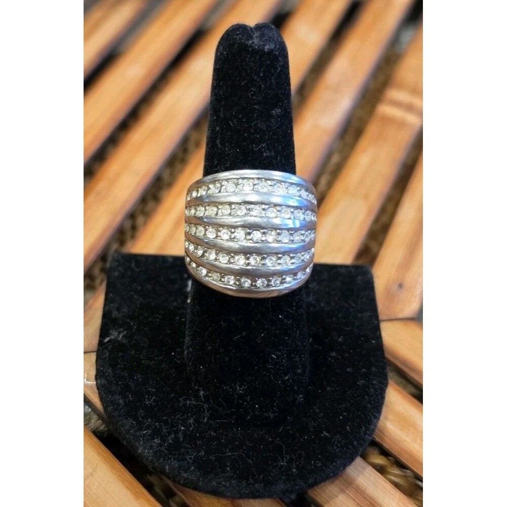 Vintage 5-Row Clear Stone Wide Band Ring Chunky Silver Tone Statement Size 8